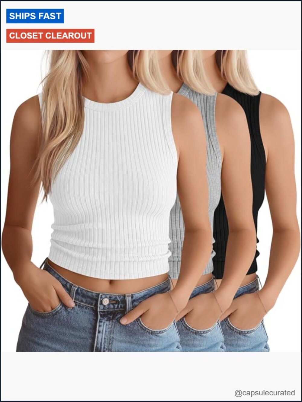 3 Pack Women's Crop Tops Ribbed Cotton Tank Tops Fitted Crew Neck
